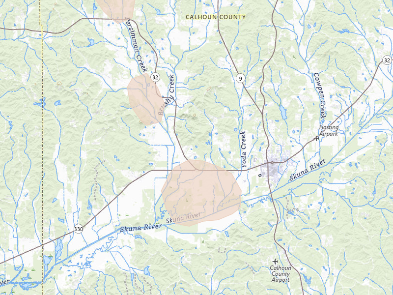 Radar-estimated hail-size map of the storm over Bruce, MS on Jun 1, 2026