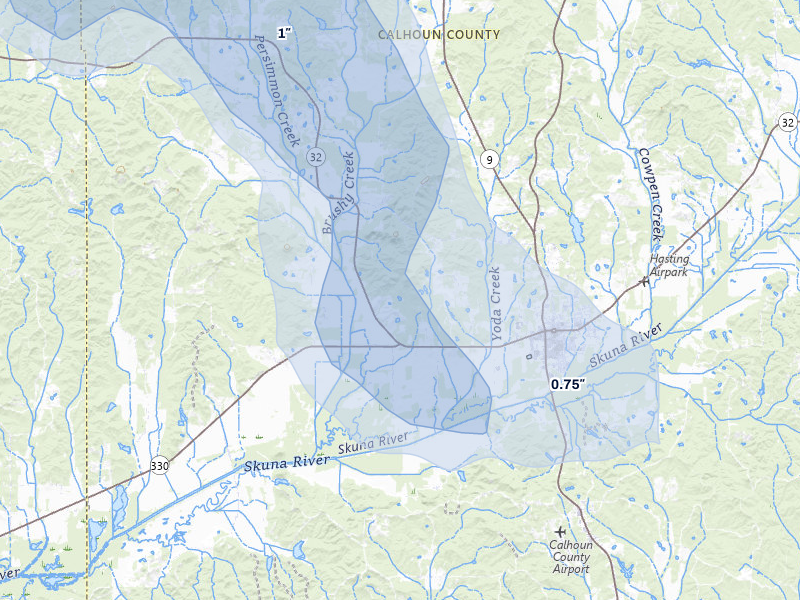 NEXRAD radar-signature map of the hail over Bruce, MS