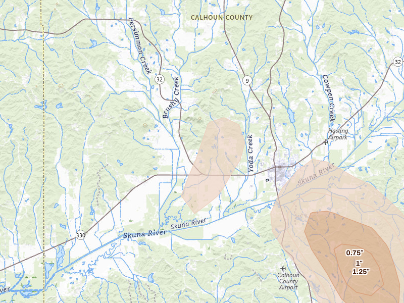 Radar-estimated hail-size map of the storm over Bruce, MS on Jul 4, 2026