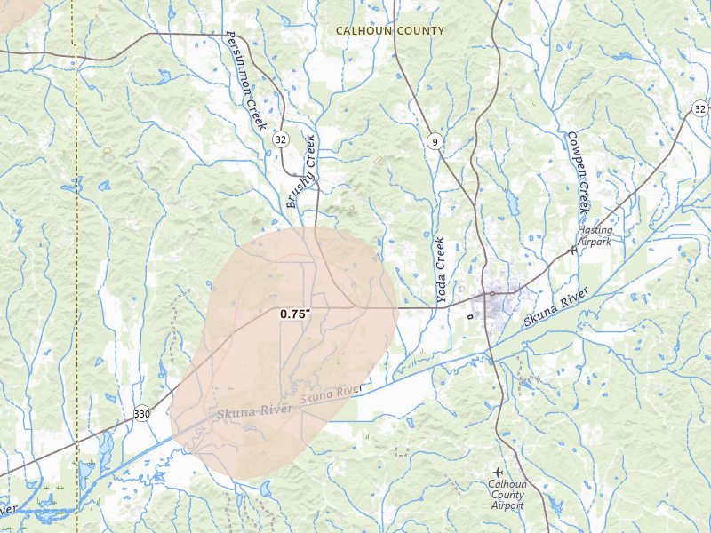 Radar-estimated hail-size map of the storm over Bruce, MS on Aug 19, 2026