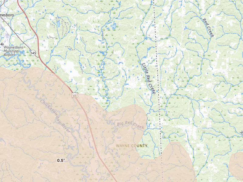 Radar-estimated hail-size map of the storm over Buckatunna, MS on Apr 29, 2026