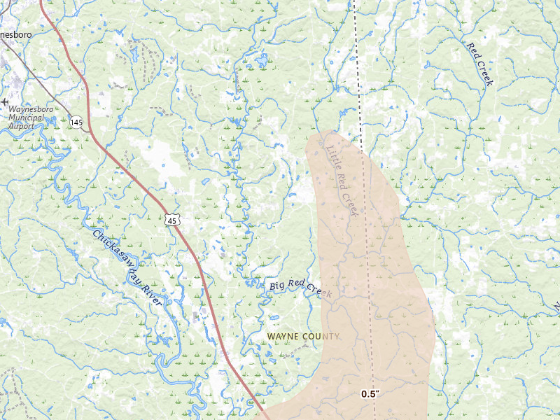 Radar-estimated hail-size map of the storm over Buckatunna, MS on Jun 23, 2026