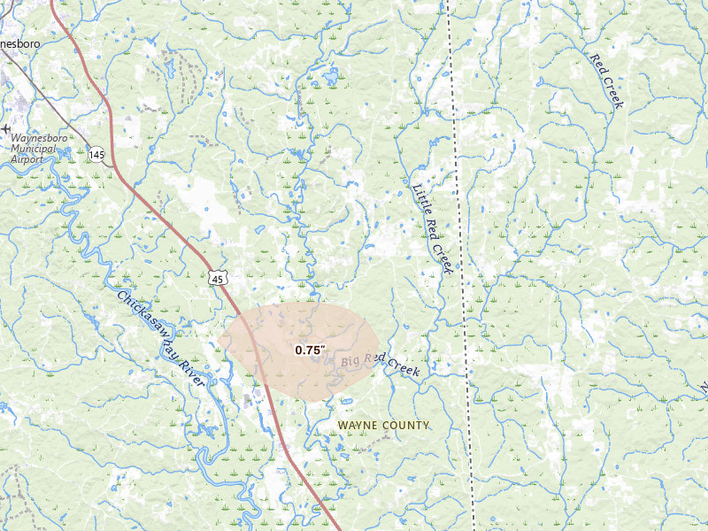 Radar-estimated hail-size map of the storm over Buckatunna, MS on Jul 5, 2026