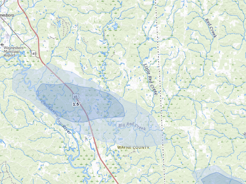 NEXRAD radar-signature map of the hail storm over Buckatunna, MS on Jul 5, 2026