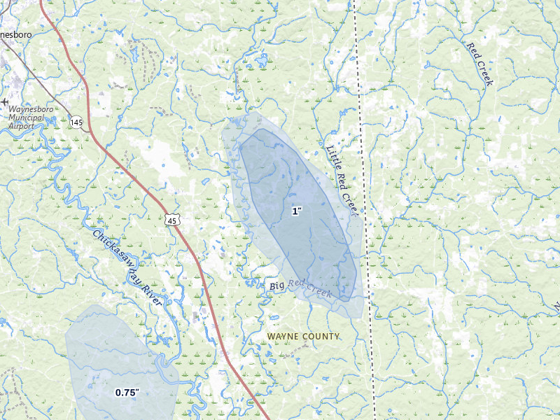 NEXRAD radar-signature map of the hail storm over Buckatunna, MS on Aug 17, 2026