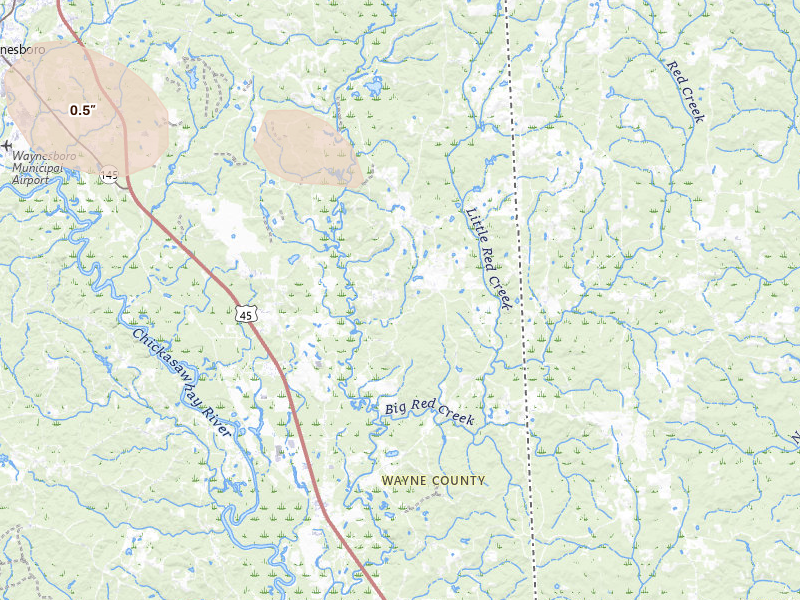 Radar-estimated hail-size map of the storm over Buckatunna, MS on Aug 19, 2026