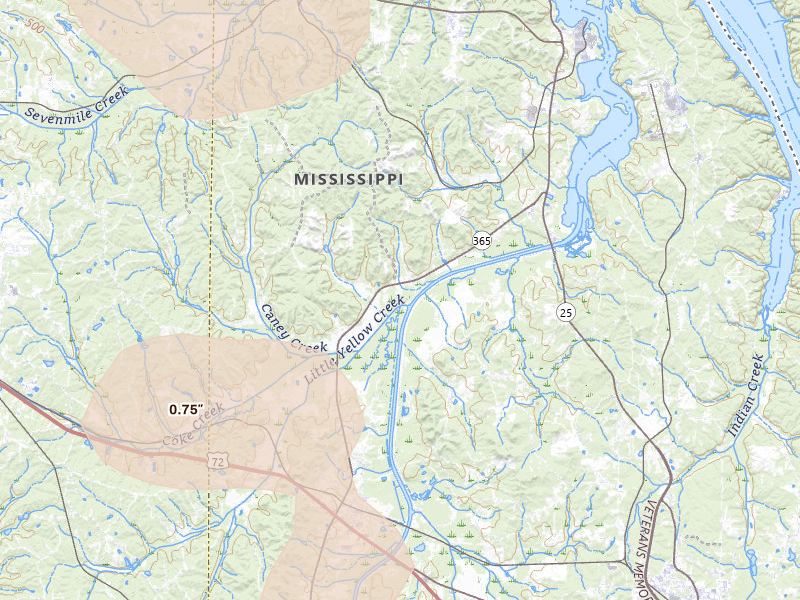 Radar-estimated hail-size map of the storm over Burnsville, MS on Aug 26, 2026