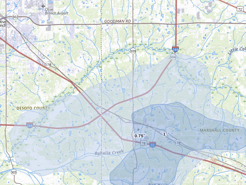 NEXRAD radar-signature map of the hail over Byhalia, MS
