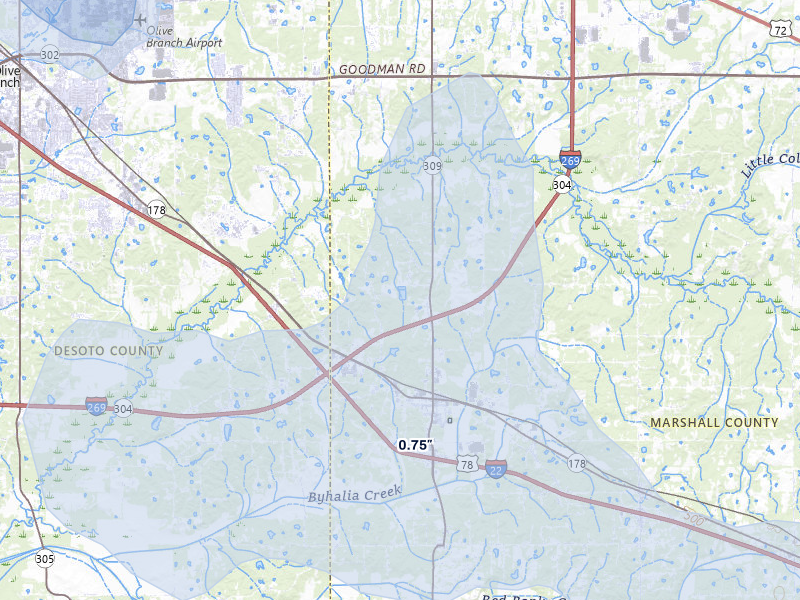 NEXRAD radar-signature map of the hail over Byhalia, MS