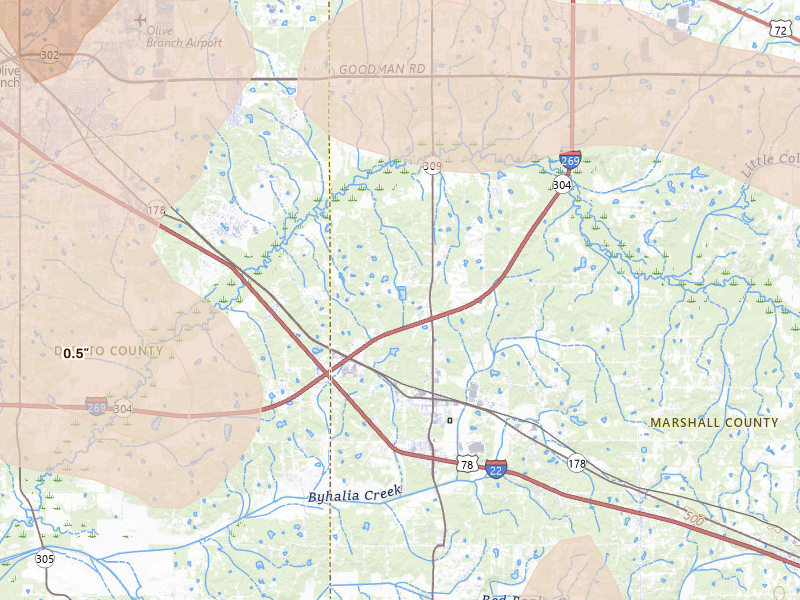 Radar-estimated hail-size map of the storm over Byhalia, MS on Jun 1, 2026