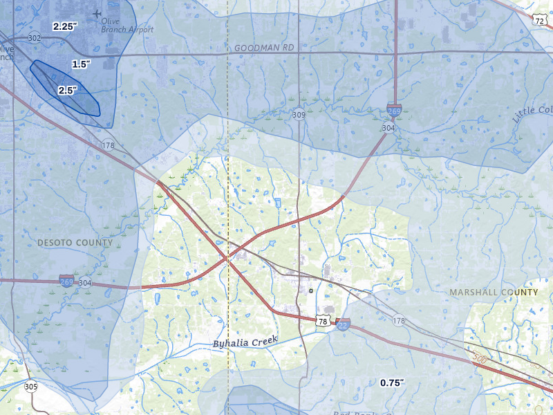 NEXRAD radar-signature map of the hail storm over Byhalia, MS on Jun 1, 2026