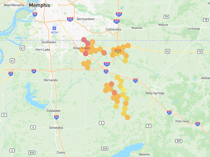Hail map of Byhalia, MS on Jun 1, 2026, hail up to 2.5"