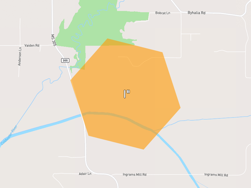 Hail map of Byhalia, MS on Jun 2, 2026, hail up to 1"