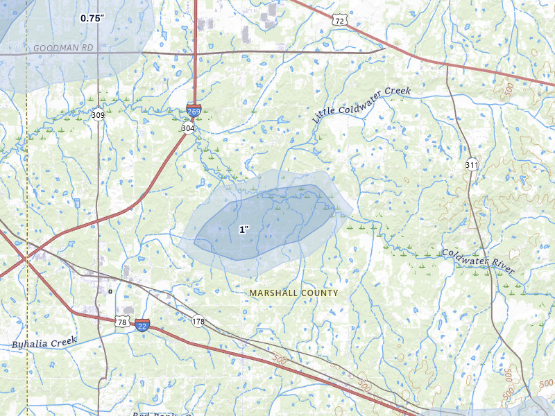 NEXRAD radar-signature map of the hail storm over Byhalia, MS on Aug 17, 2026