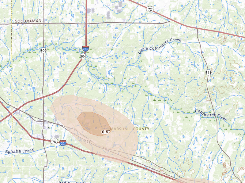 Radar-estimated hail-size map of the storm over Byhalia, MS on Aug 26, 2026