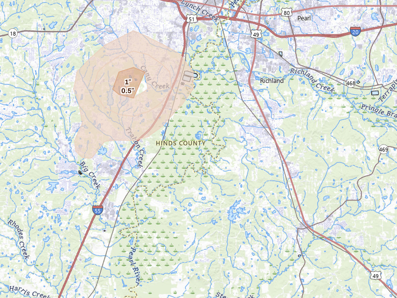 Radar-estimated hail-size map of the storm over Byram, MS on Jun 1, 2026