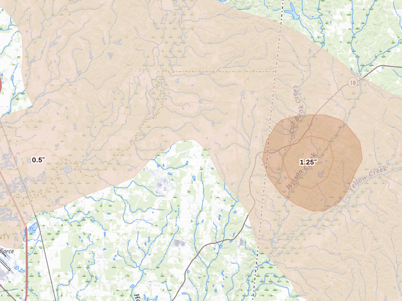 Radar-estimated hail-size map of the storm over Caledonia, MS on Jun 1, 2026