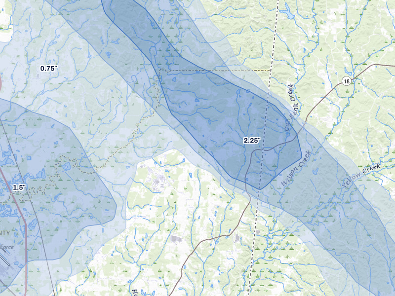 NEXRAD radar-signature map of the hail over Caledonia, MS