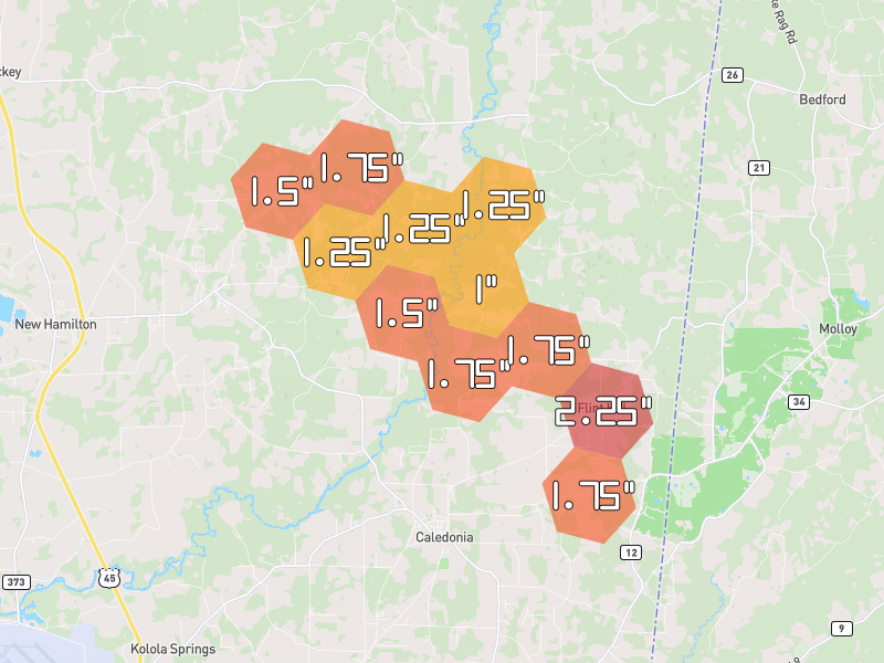 Hail map of Caledonia, MS on Jun 1, 2026, hail up to 2.25"