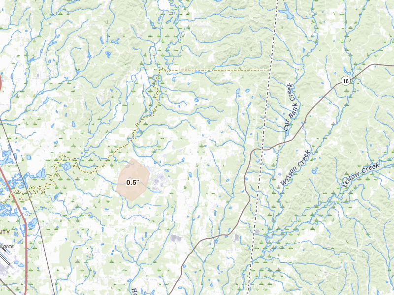 Radar-estimated hail-size map of the storm over Caledonia, MS on Jul 9, 2026