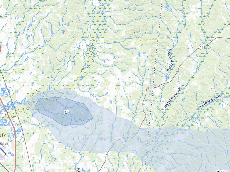 NEXRAD radar-signature map of the hail storm over Caledonia, MS on Jul 9, 2026