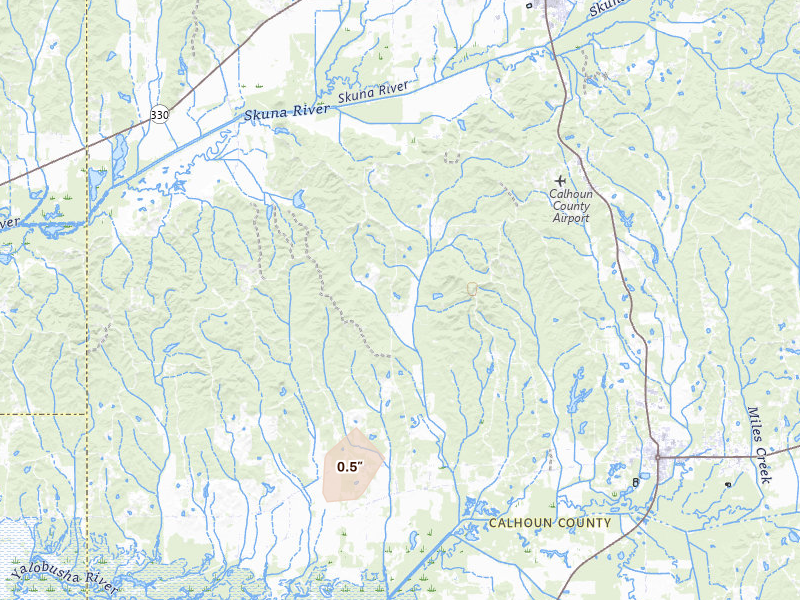 Radar-estimated hail-size map of the storm over Calhoun City, MS on Apr 27, 2026