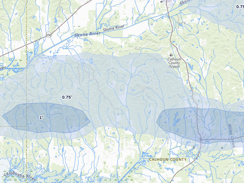 NEXRAD radar-signature map of the hail storm over Calhoun City, MS on Apr 28, 2026