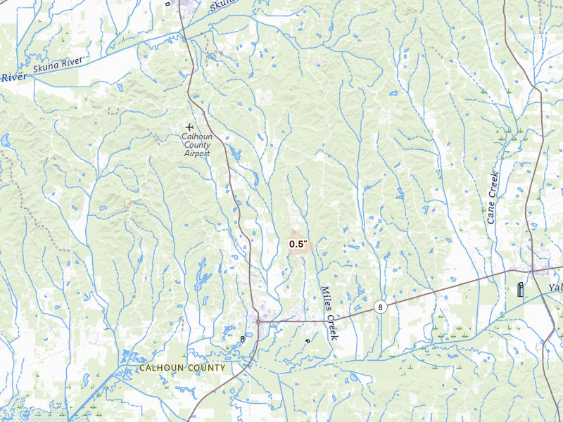 Radar-estimated hail-size map of the storm over Calhoun City, MS on May 23, 2026