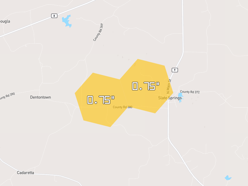 Hail map of Calhoun City, MS on Jul 1, 2026, hail up to 0.75"