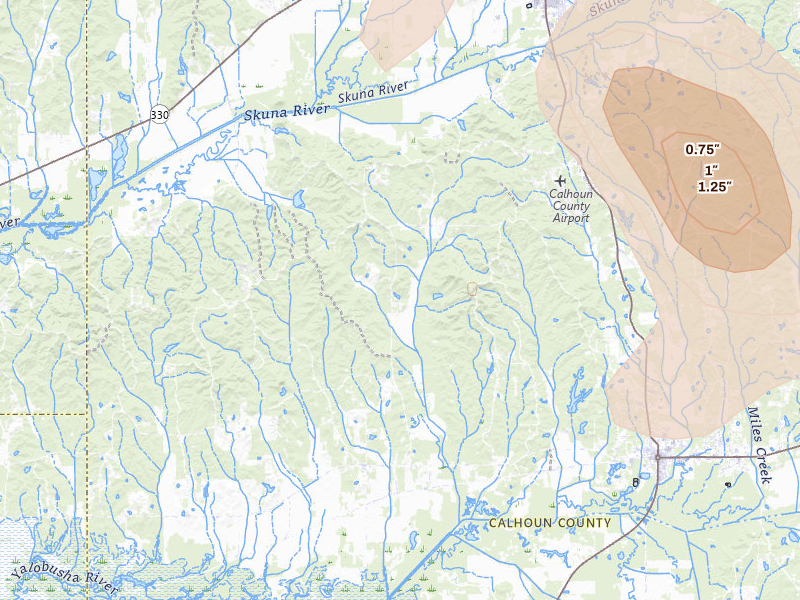 Radar-estimated hail-size map of the storm over Calhoun City, MS on Jul 4, 2026