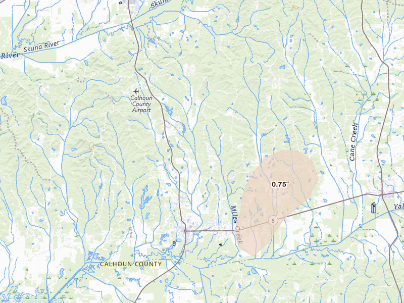 Radar-estimated hail-size map of the storm over Calhoun City, MS on Aug 10, 2026