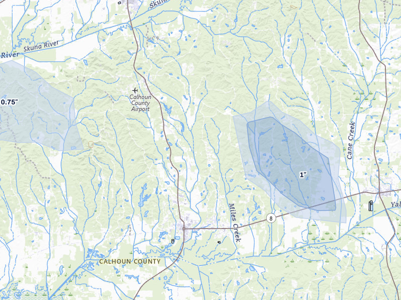 NEXRAD radar-signature map of the hail storm over Calhoun City, MS on Aug 10, 2026