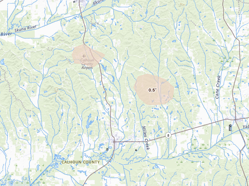 Radar-estimated hail-size map of the storm over Calhoun City, MS on Aug 18, 2026