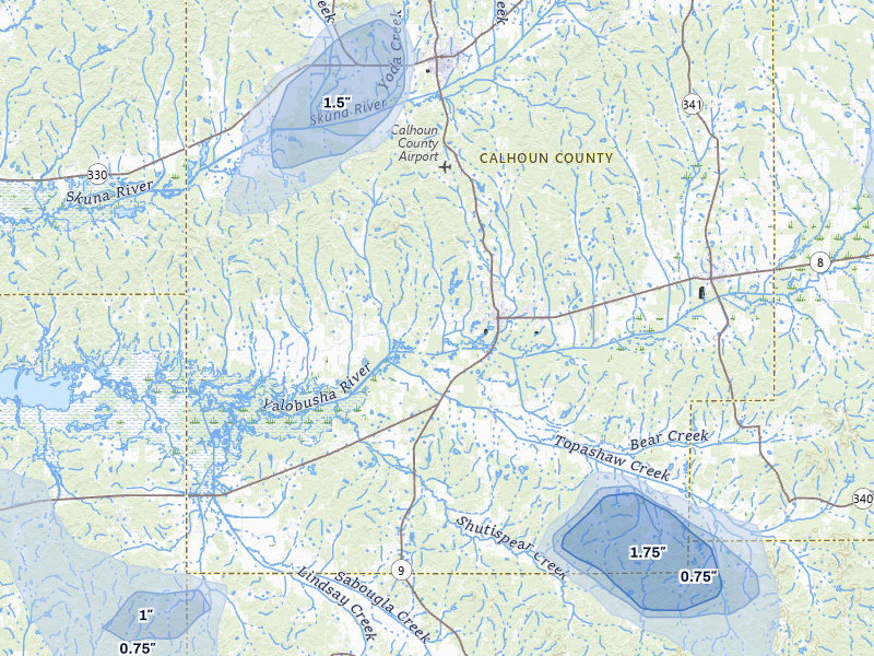 NEXRAD radar-signature map of the hail storm over Calhoun City, MS on Aug 19, 2026