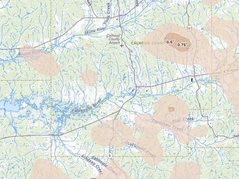 Radar-estimated hail-size map of the storm over Calhoun City, MS on Aug 20, 2026