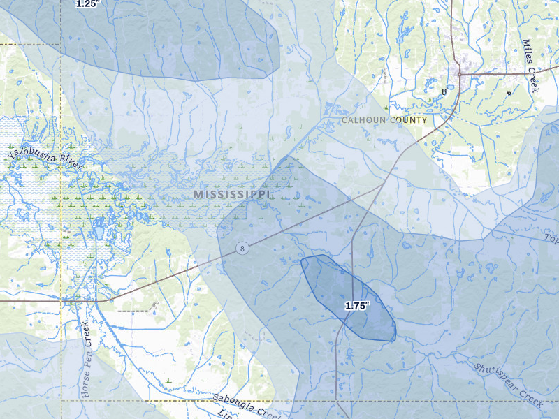 NEXRAD radar-signature map of the hail storm over Calhoun City, MS on Aug 20, 2026