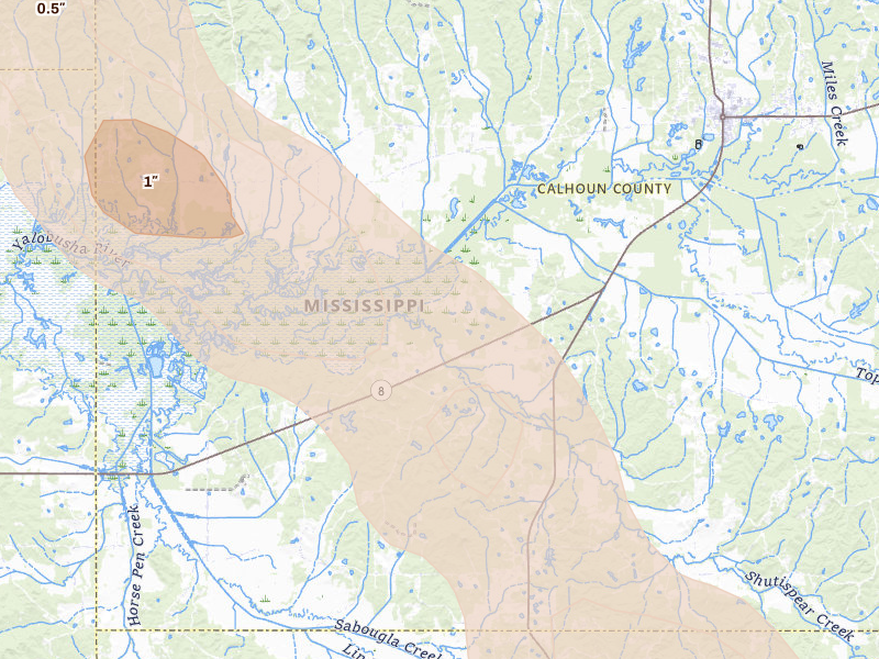 Radar-estimated hail-size map of the storm over Calhoun City, MS on Aug 22, 2026