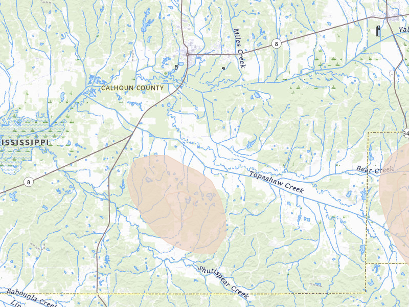 Radar-estimated hail-size map of the storm over Calhoun City, MS on Aug 26, 2026