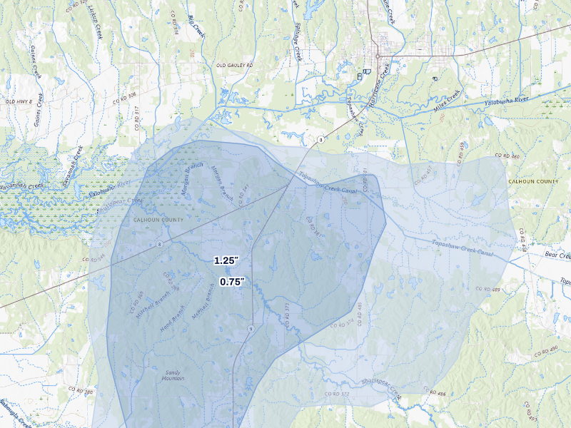 NEXRAD radar-signature map of the hail storm over Calhoun City, MS on Sep 6, 2026
