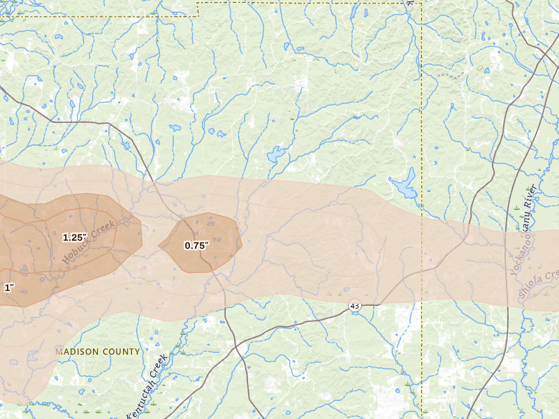 Radar-estimated hail-size map of the storm over Camden, MS on Apr 28, 2026