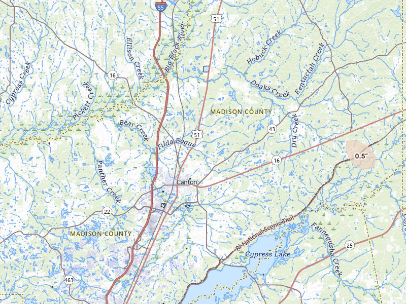 Radar-estimated hail-size map of the storm over Canton, MS on Apr 29, 2026