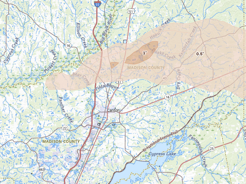 Radar-estimated hail-size map of the storm over Canton, MS on May 6, 2026