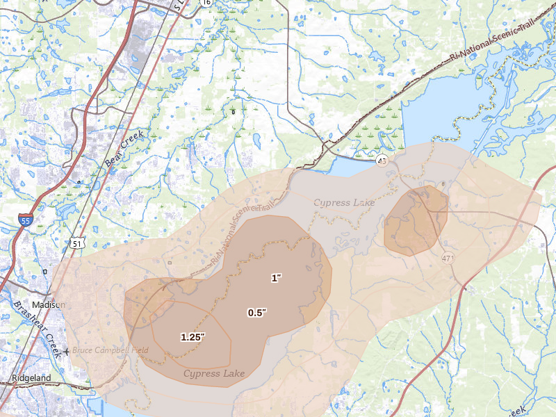 Radar-estimated hail-size map of the storm over Canton, MS on Jun 1, 2026