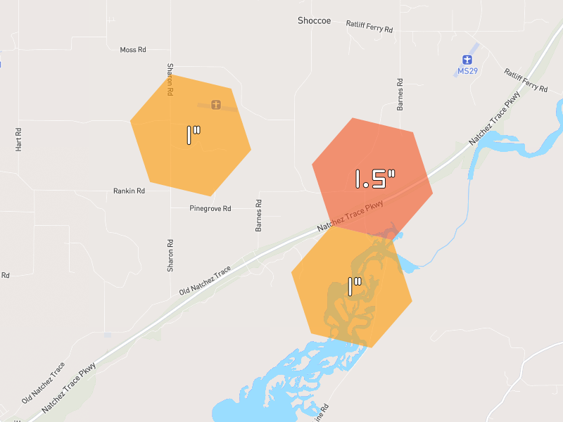 Hail map of Canton, MS on Jul 2, 2026, hail up to 1.5"
