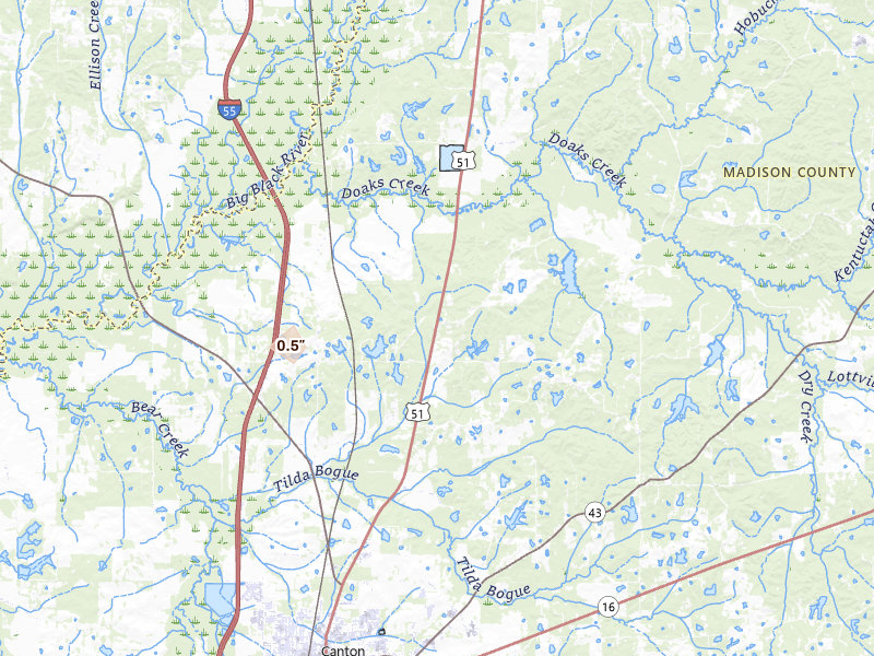 Radar-estimated hail-size map of the storm over Canton, MS on Aug 7, 2026