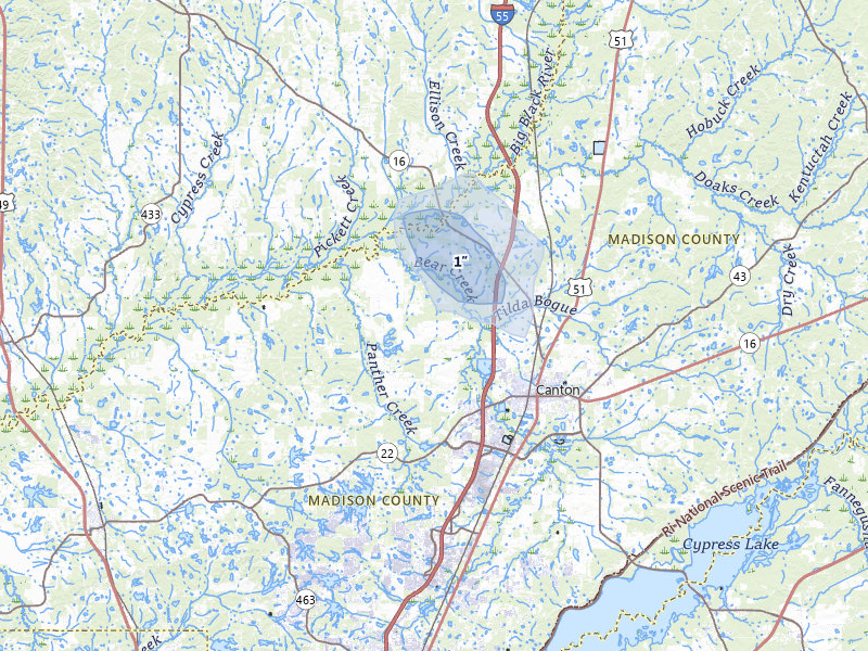 NEXRAD radar-signature map of the hail storm over Canton, MS on Aug 7, 2026