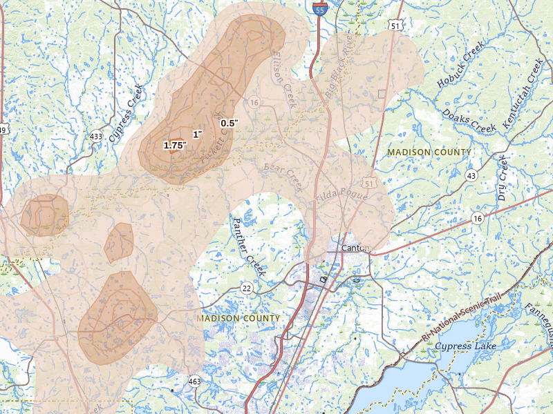 Radar-estimated hail-size map of the storm over Canton, MS on Aug 20, 2026