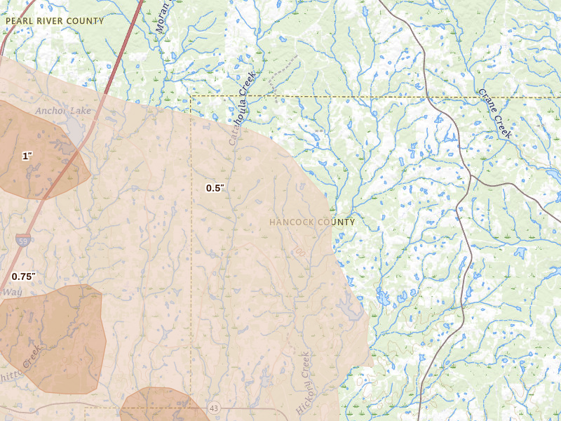 Radar-estimated hail-size map of the storm over Carriere, MS on Apr 29, 2026