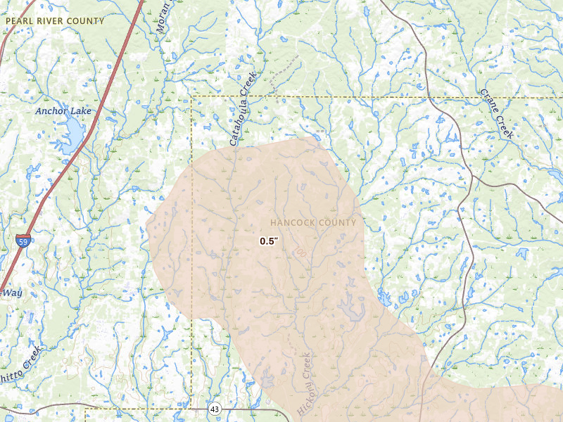 Radar-estimated hail-size map of the storm over Carriere, MS on May 9, 2026