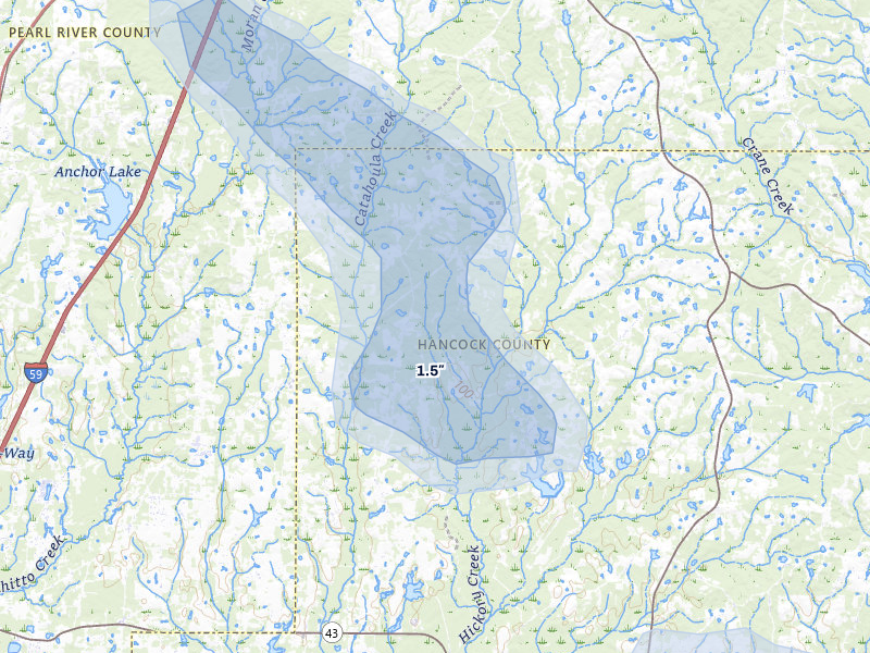 NEXRAD radar-signature map of the hail over Carriere, MS